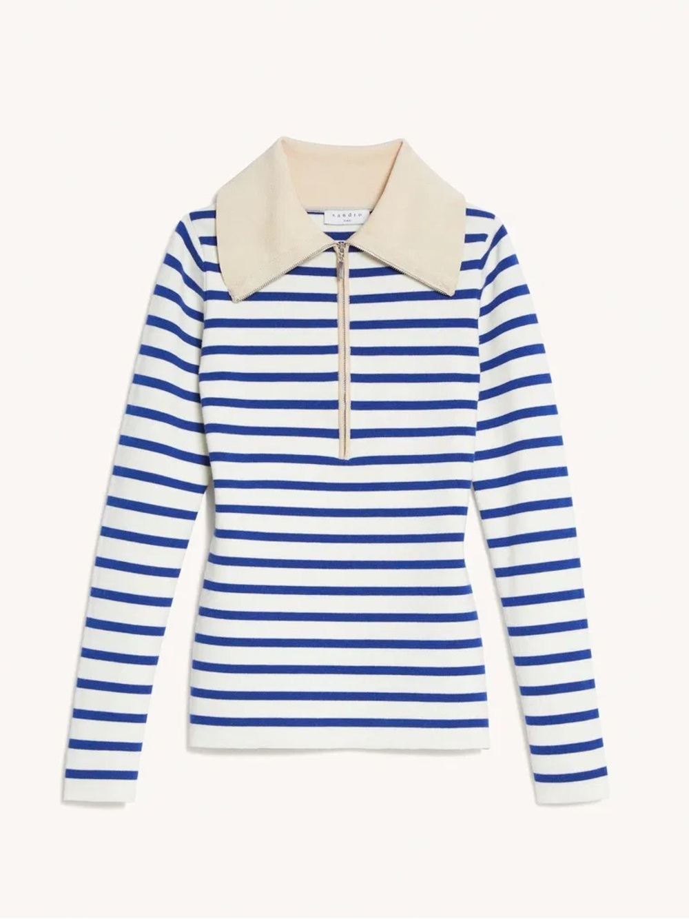 Sandro Blue & White Striped Zip Polo Top